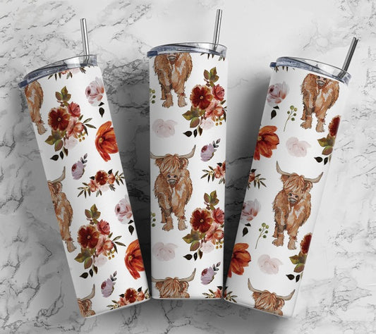 Floral Highland Cow | Skinny Tumbler