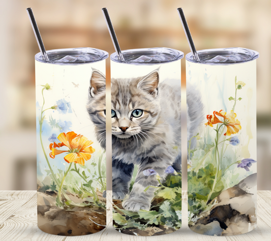 Floral Kitten | Skinny Tumbler